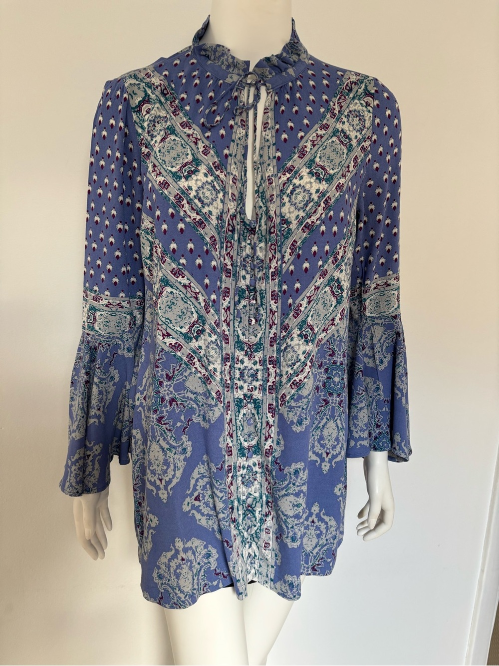 Free People Blue Floral Paisley Tie-Neck Tunic